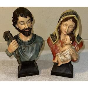 Hand Painted Holy Family Resin Statues Two Piece Set Mary Has Paint Loss No Chip